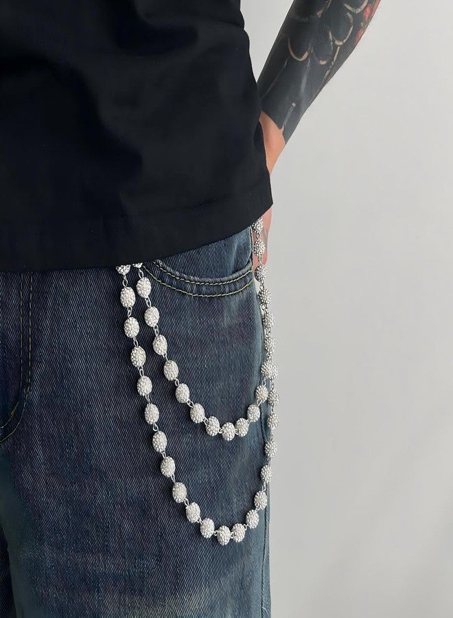 SORGERLY Pocket Wallet Chains for Men - Ceramic Rhinestone Baseball Beads Jean Belt Pant Chain - Sparkly Tote Bag Handbag Accessories for Women(White) - Image 2